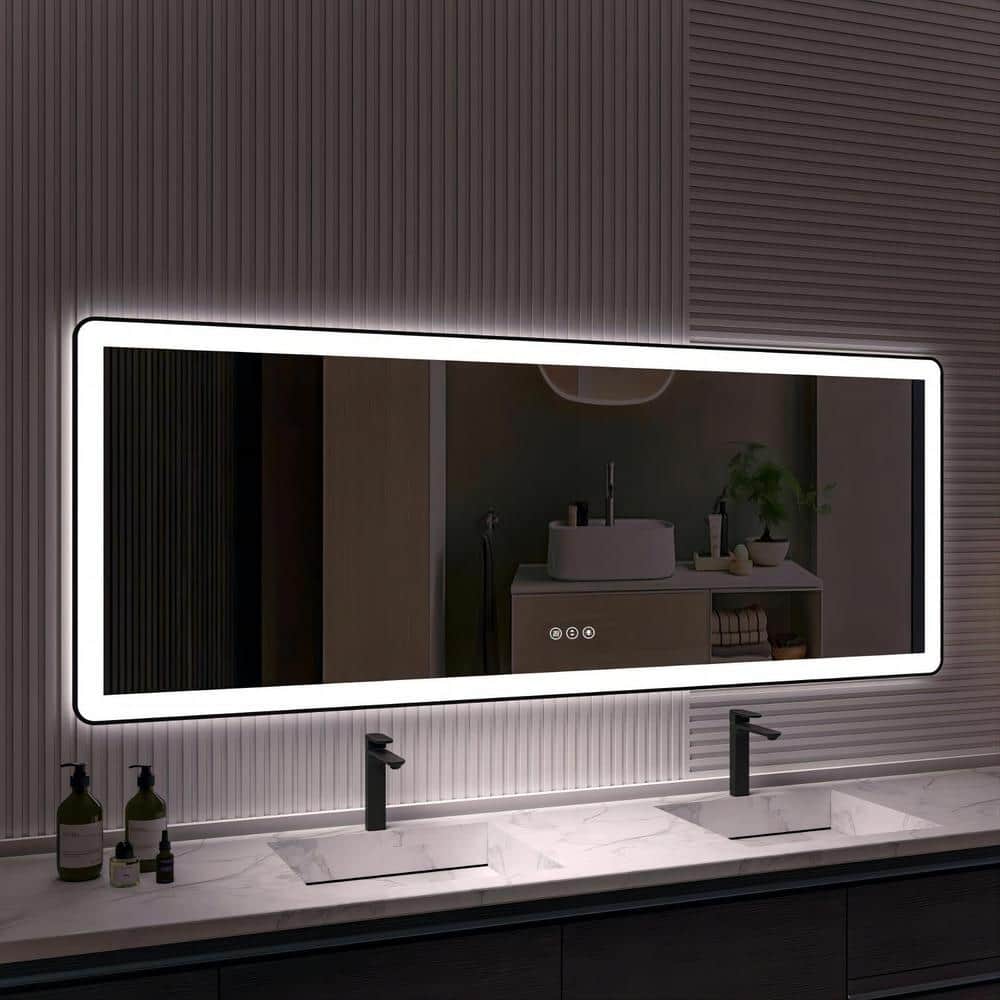 84 in. W x 32 in. H Rectangular Framed LED Anti-Fog Wall Bathroom Vanity Mirror in Black with Backlit and Front Light price history on PriceWatchPro