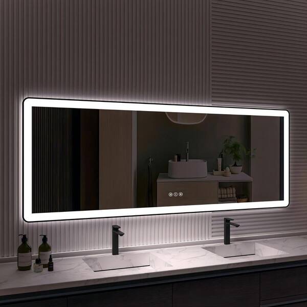 TOOLKISS 84 in. W x 32 in. H Rectangular Framed LED Anti-Fog Wall Bathroom Vanity Mirror in Black with Backlit and Front Light