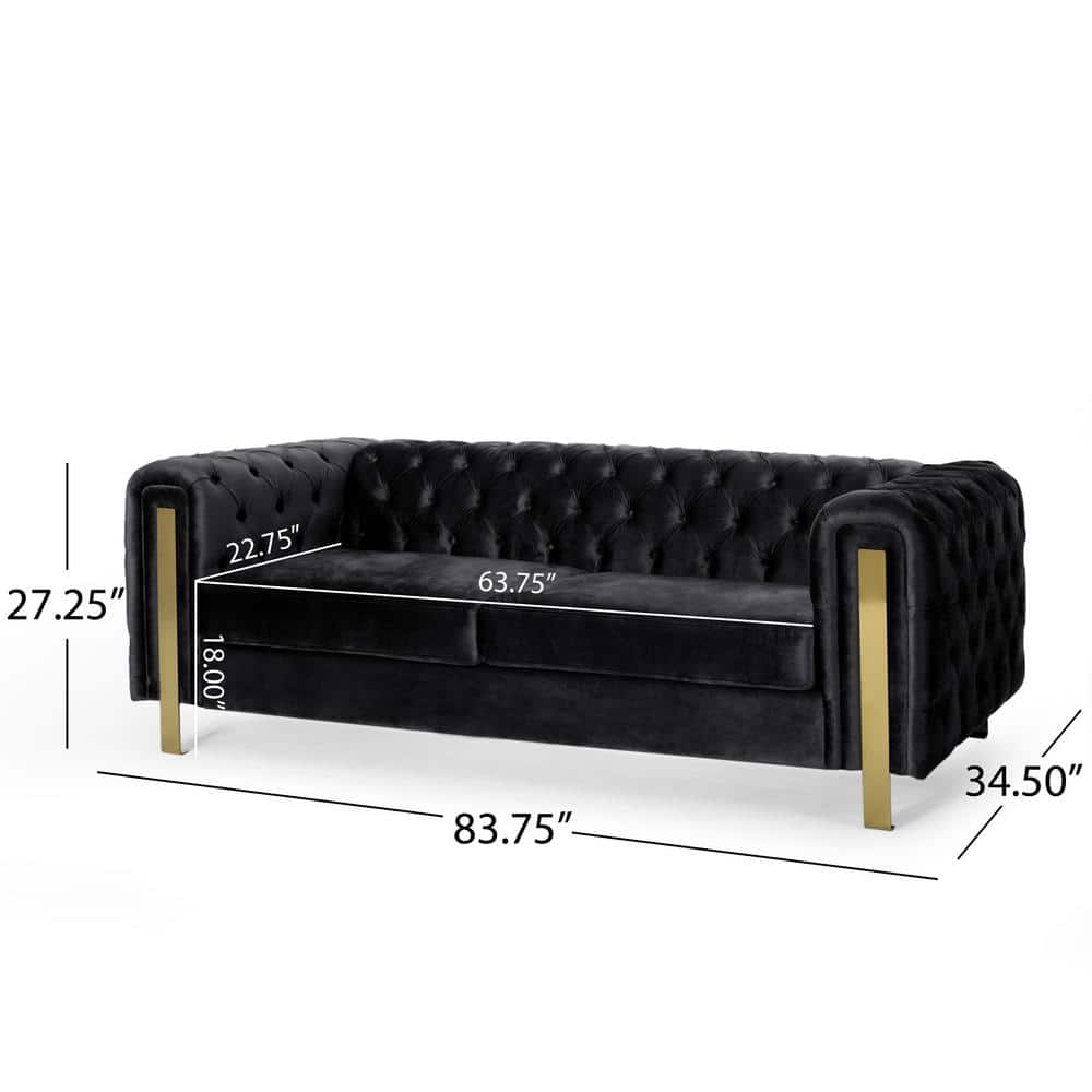 Elegant Modern Glam Black Velvet Tufted 3-Seater Sofa with Gold Accents