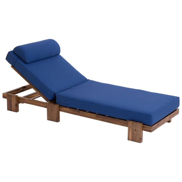 Acacia Wood Outdoor Adjustable Recliner Patio Chaise Lounge Chair with Blue Cushion, Headrest, Retractable Side Tray