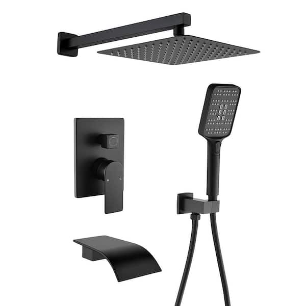 Single Handle 3-Spray Wall Mount Tub and Shower Faucet 2.5 GPM, 10 in. Head Shower in Matte Black Valve Included