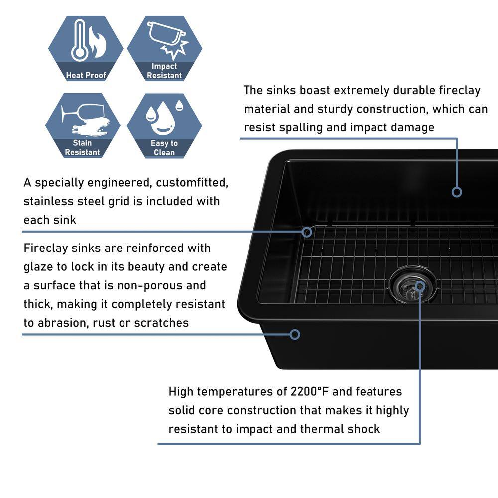 26.65'' Black Fireclay Undermount Single Bowl Kitchen Sink