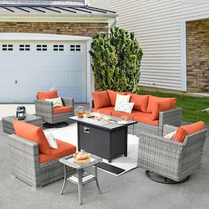 Harlotte 9-Piece Wicker Patio Rectangular Fire Pit Set with Orange Red Cushions and Swivel Rocking Chairs