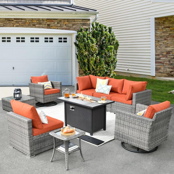 XIZZI Harlotte 9-Piece Wicker Patio Rectangular Fire Pit Set with Orange Red Cushions and Swivel Rocking Chairs