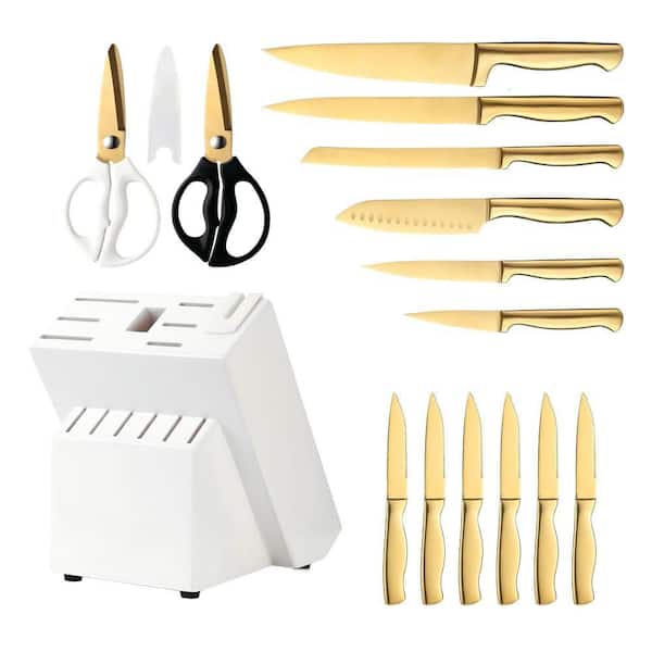 15-Piece Golden Titanium Stainless Steel Professional Kitchen Knife Set with Steak Knives and Self-Sharpening Block