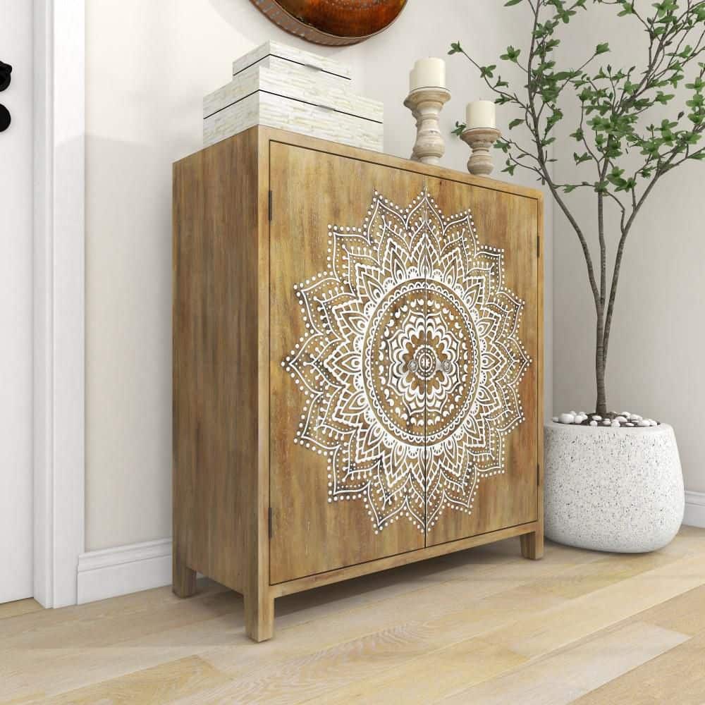 Brown Wood Intricately Carved Floral Cabinet with Shelf and Doors