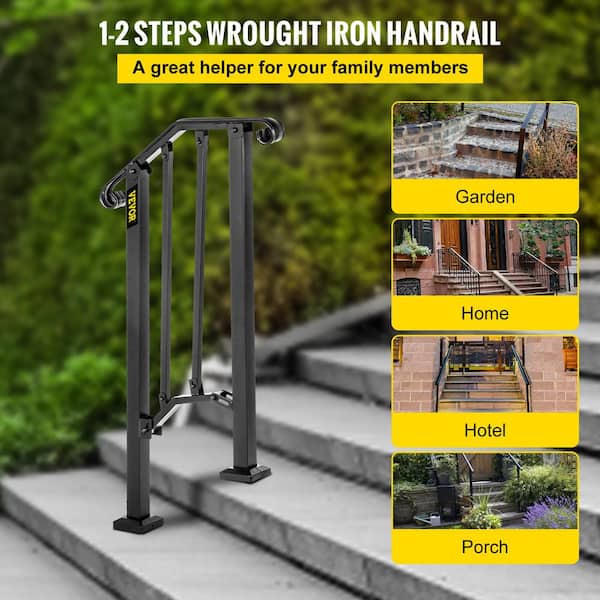 VEVOR 1-4 Steps Outdoor Stair Handrail, Adjustable from 0 to 50 degrees  Exterior Stair Railing, Transitional Wrought Iron Handrail, Handrails for  Concrete Steps with Installation Kit, Matte Black 