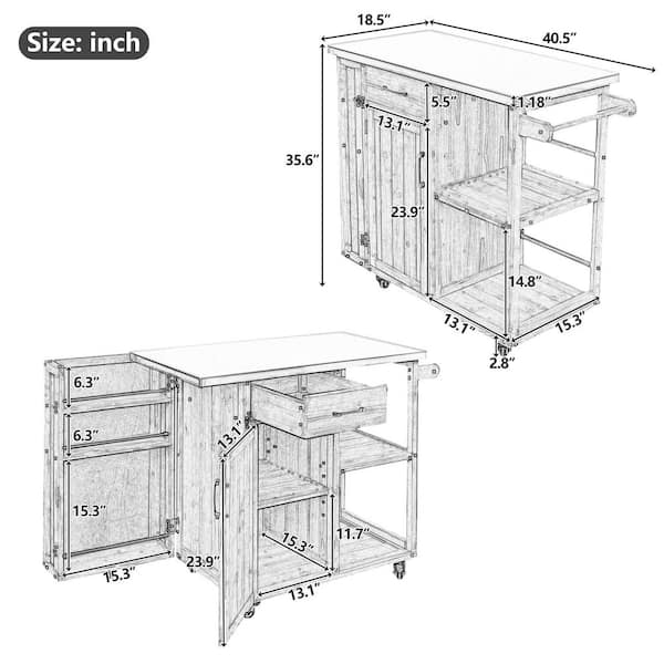 Ximuprmy Grey Steel 40.5 in. Kitchen Island with Hidden Spice