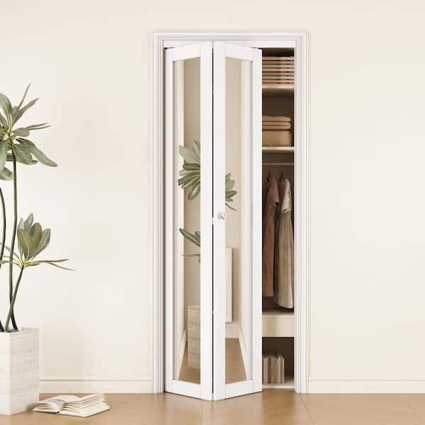 32 in. x 80 in. 1-Lite Mirrored Glass and Solid Core White Finished MDF Interior Closet Bi-Fold Door with Hardware