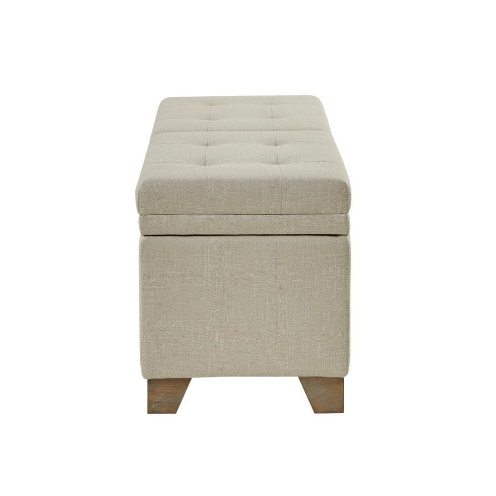 Beige Upholstered Storage Bench with Natural Wood Legs