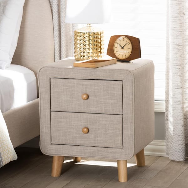 Baxton Studio Jonesy 2 Drawer Mid Century Beige Fabric Nightstand