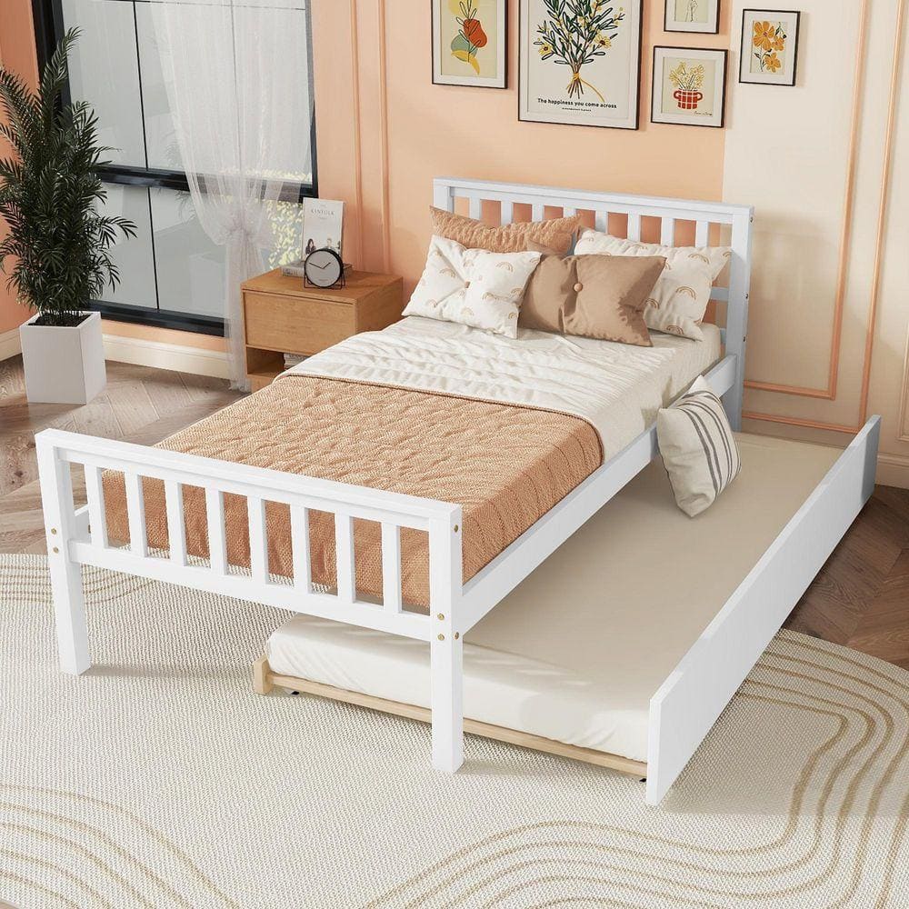 Qualler White Wood Frame Twin Size Platform Bed with Trundle