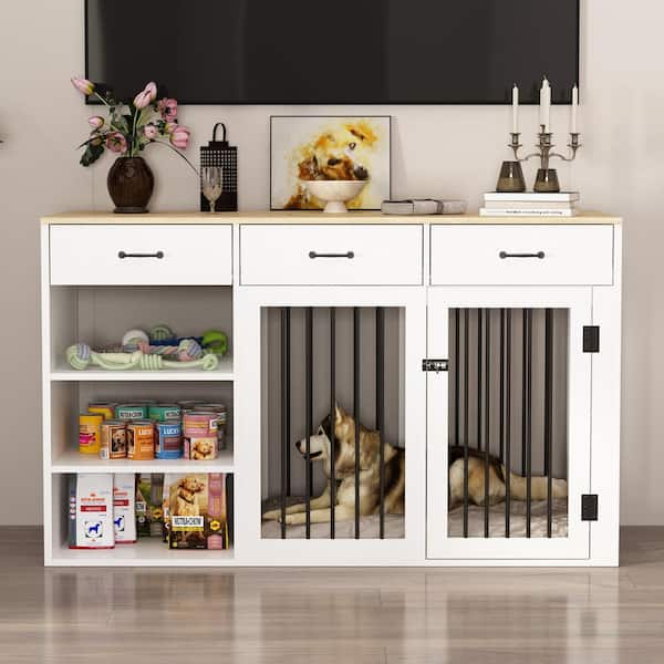 FUFU&GAGA Large Dog Crate Furniture with 3-Drawers and 3-Shelves, Wooden Heavy-Duty Dog Crate Storage Decorative Dog Pens, White