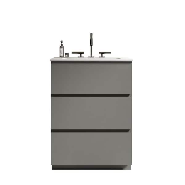 Ziyudura 24 in. Single Sink Freestanding Gray Bath Vanity with White Engineered Stone Top (Assembled), 3 DTC Soft-closing Drawers