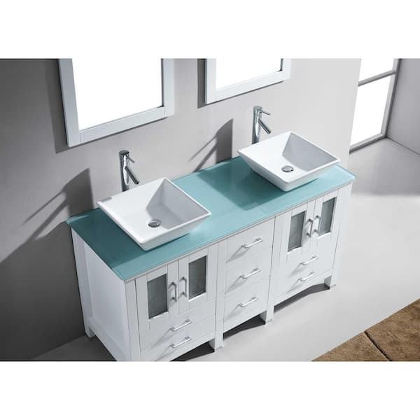 Virtu Usa Bradford 60 In W Bath Vanity In White With Glass Vanity Top In Aqua Tempered Glass With Square Basin And Faucet Md 4305 G Wh Nm The Home Depot