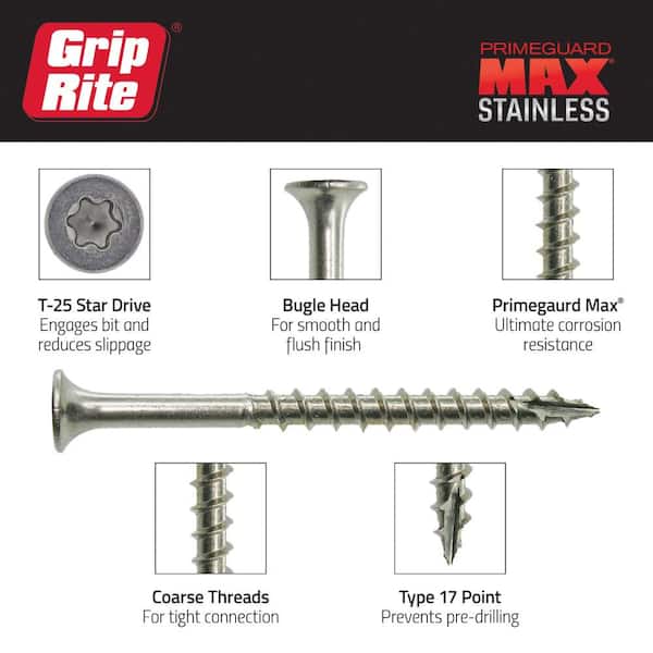 Grip-Rite #10 x 3 in. 305 Stainless Steel Star Drive Bugle Head Coarse Thread Deck Screws 1 lb. Box