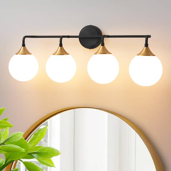 Deyidn 30.71 in. 4-Light Black Vanity Light with Milk White Glass Shade