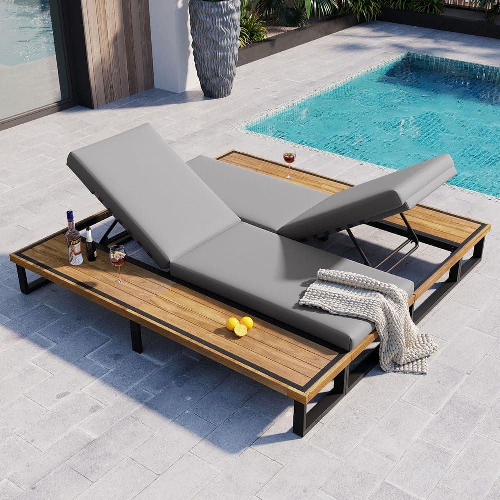 2-Piece Metal Outdoor 5-Position Adjustable Backrest Chaise Lounge with Removable Gray Cushion and Wood Side Table