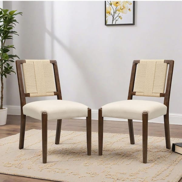 Driscoll Boho Beige+Walnut Polyester Upholstered Dining Chair with Woven Rope Backrest (Set of 2)