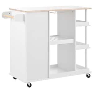 White Rubber Wood 40 in. Kitchen Island with Side Storage Shelves, Adjustable Storage Shelves, 5 Wheels and Wine Rack