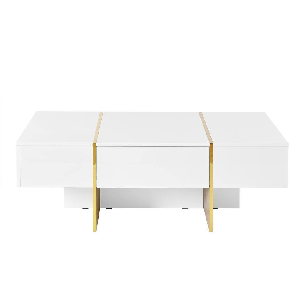 47.2 in. White Rectangle Wood Coffee Table with 2 Drawers, Golden Wood Grain Legs