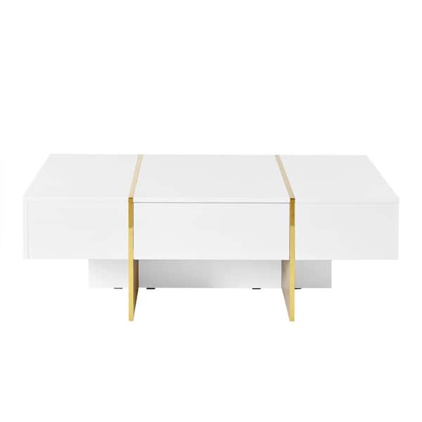 Polibi 47.2 in. White Rectangle Wood Coffee Table with 2 Drawers, Golden Wood Grain Legs