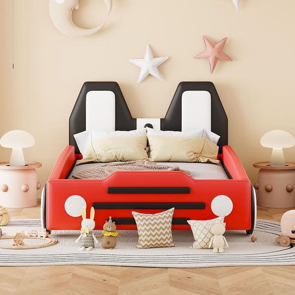Red Wood Frame Twin Size Race Car-Shaped Platform Bed with Wheels