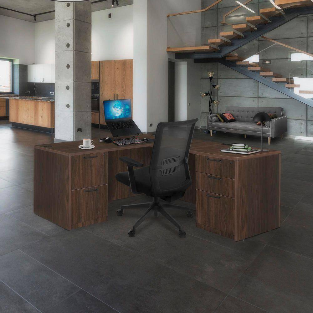 Legacy 60 in x 65 in. Neo Walnut L Desk with Double Full Pedestal Drawer Unit