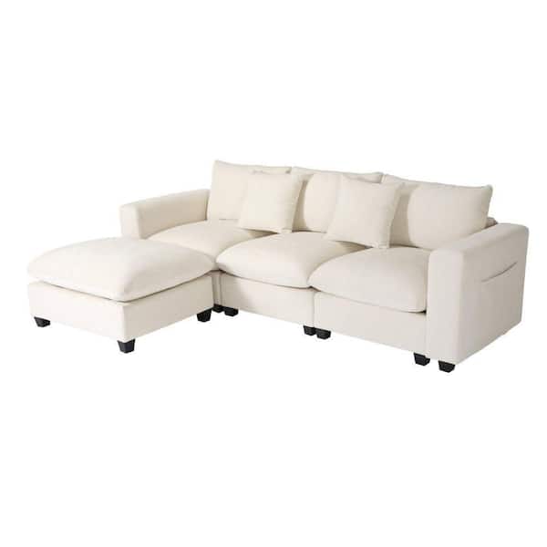 Lucca 99 in. Square Arm 4-Piece Chenille Modular Sectional Sofa Ottoman Set with USB Charge Port in Cream
