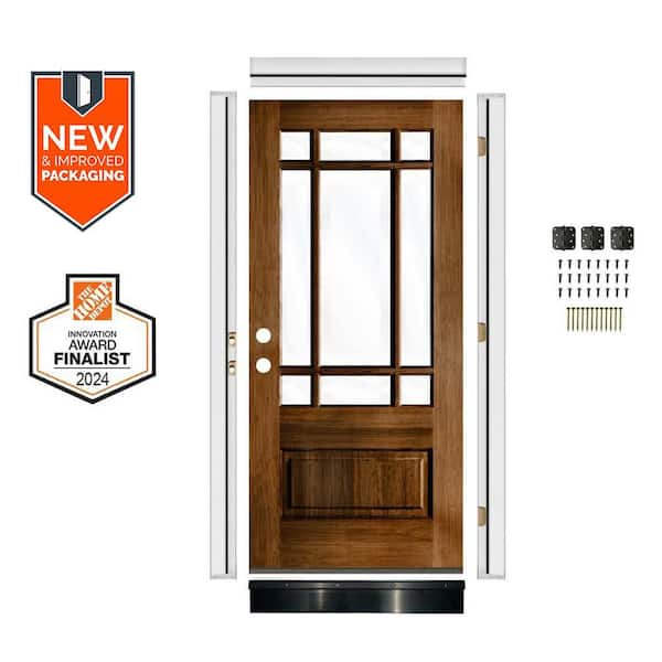 DIY 36 in. x 80 in. Prairie Hemlock RightHand 9Lite Clear Glass Provincial Wood Front Door Kit w/ Quick Assemble Jamb