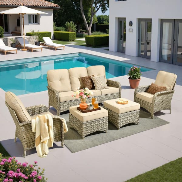 Eliza 5-Piece Outdoor Patio Wicker Conversation Sofa Seating Set with Ottoman and Beige Cushions