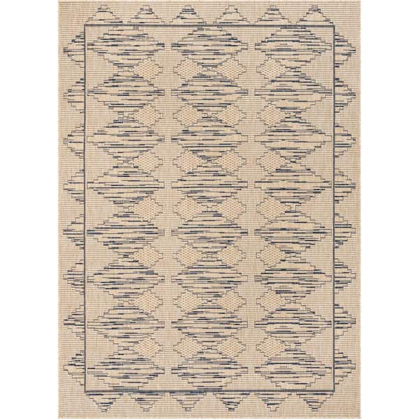 Well Woven Medusa Vidar Blue Beige Trellis Diamond Pattern 5 ft. 3 in. x 7 ft. 3 in. Indoor/Outdoor Area Rug