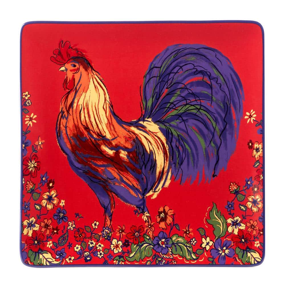 Vibrant Red Ceramic Square Platter with Rooster Design