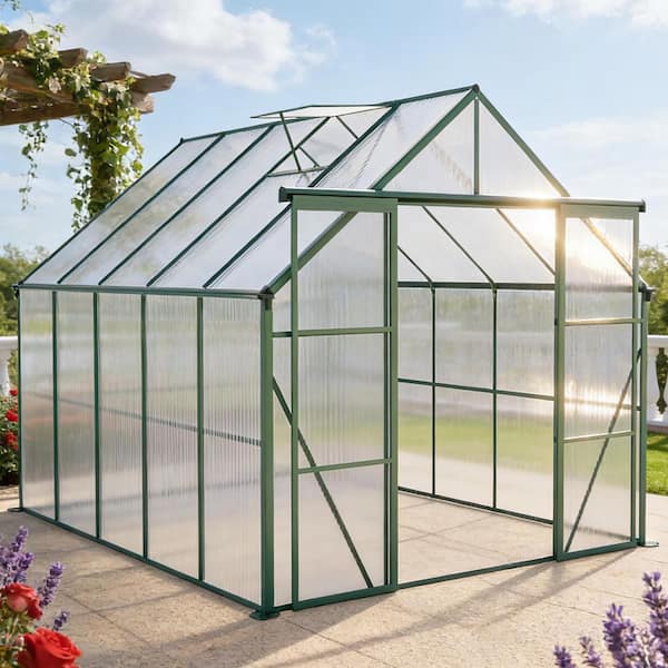 8 ft. x 10 ft. Green Double Door Polycarbonate Greenhouse Raised Base and Anchor Aluminum Heavy Duty Walk-in Greenhouses