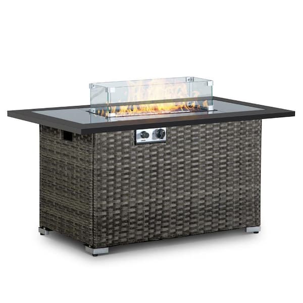 Brafab 44 in. 50,000BTU Fire Pit Propage Gas Fire Pit Table with Hand Woven Rattan Pattern Tempered Glass
