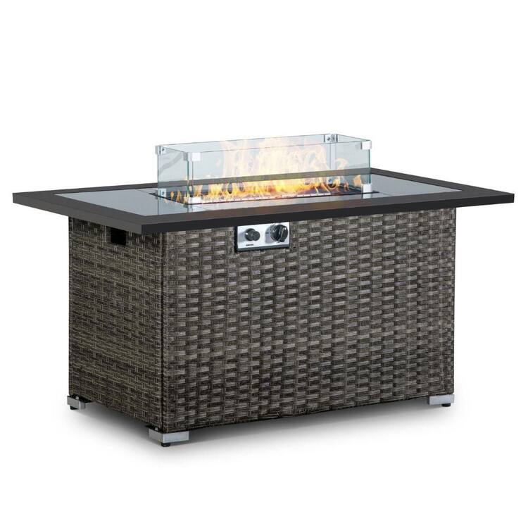 Brafab 44 in. 50,000BTU Fire Pit Propage Gas Fire Pit Table with Hand Woven Rattan Pattern Tempered Glass