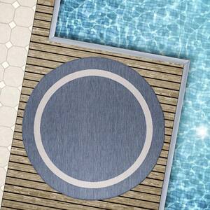 Waikiki Blue/White 7 ft. Round Bordered Indoor/Outdoor Area Rug