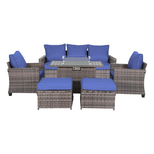 6-Piece Outdoor Wicker Patio Furniture Set with Firepit and Blue Cushions