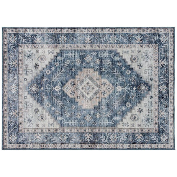 Outdoor 4 ft. x 6  ft., Vintage Washable Rug, Non-Slip Floor Carpet for Living Room, Bedroom, Dining Room, Blue Area Rug