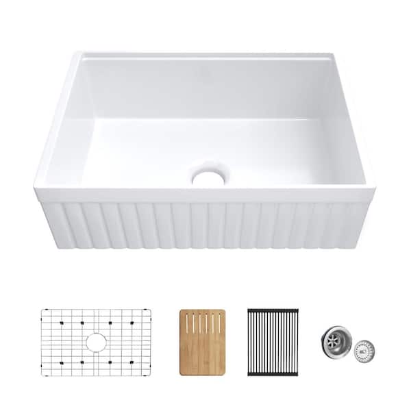 30 in. Farmhouse/ Apron Single Bowl White Fireclay Kitchen Sink with Bottom Grids, Cutting Board, Strainer