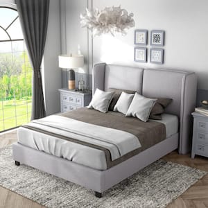 Haley Boucle Light Gray Wood Frame Queen Platform Bed With Upholstered Headboard