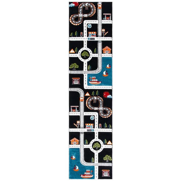 Carousel Kids 2 ft. x 10 ft. Black/Ivory Geometric Runner Rug