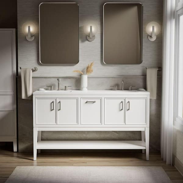 Winnow 60 in. Double Sink Freestanding White Bath Vanity with White Quartz Top Assembled