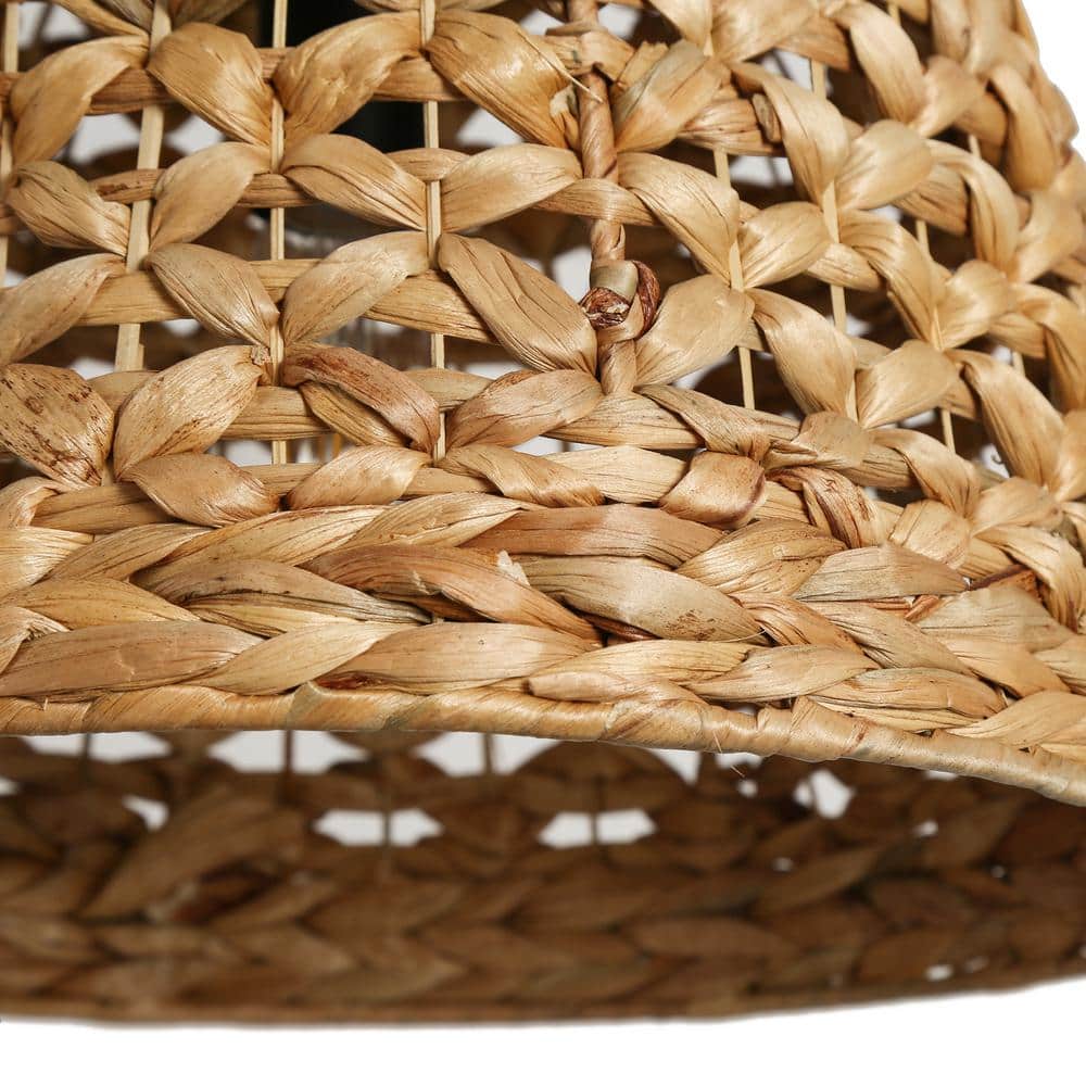 Holophankton 15" Matte Black and Natural Rattan Dome Pendant Light