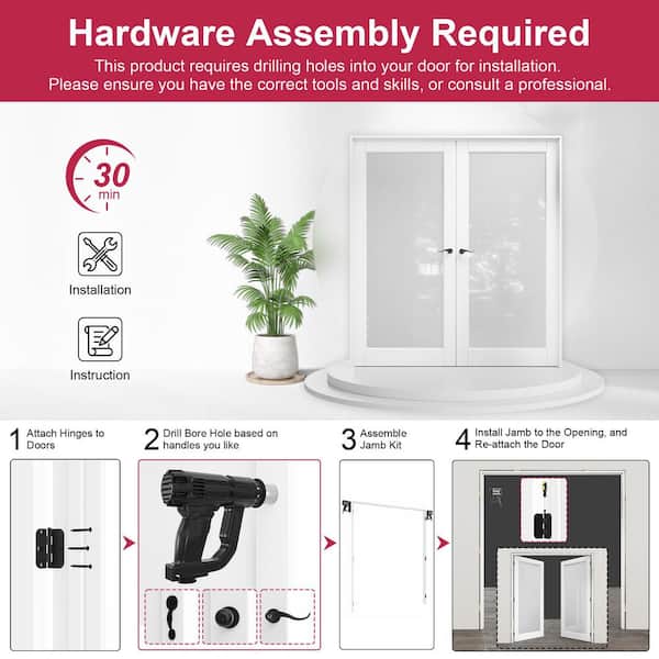 36 in. x 80 in. 1 Lite Frosted Glass Universal White Solid Core Glass Double Prehung French Door + Quick Assemble Jamb