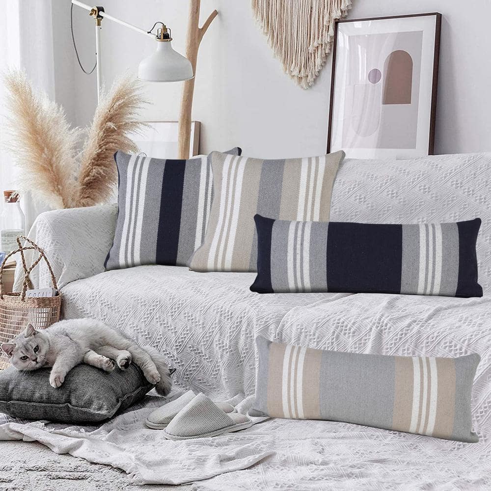 Navy Gray White Cotton Striped Square Throw Pillow