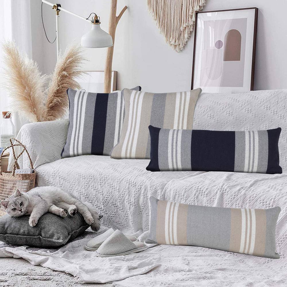 20" Beige and Gray Striped Cotton Throw Pillow