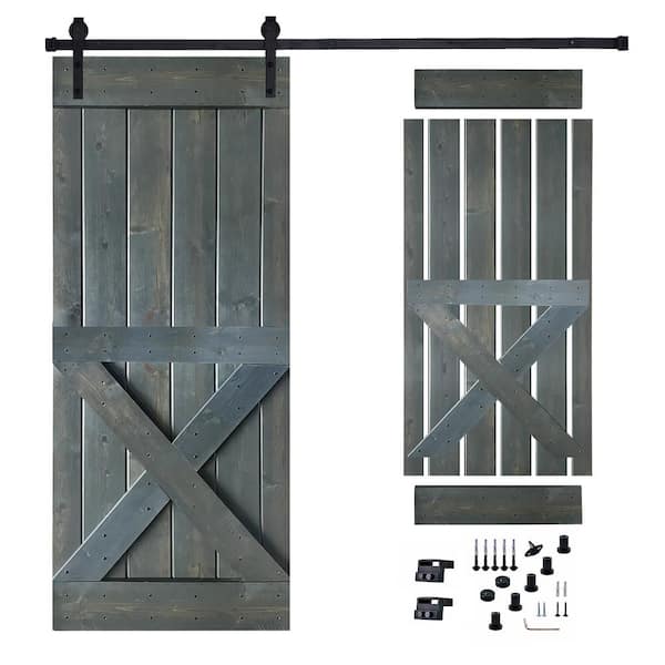 Akicon 30 in. x 84 in. Grey Painted Wood Sliding Door with Hardware Kit, Pre-Drilled Ready to Assemble