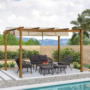 13 ft. x 9 ft. Outdoor Wood-looking Aluminum Pergola with Beige Retractable Shade Canopy for PatioGarden Backyard