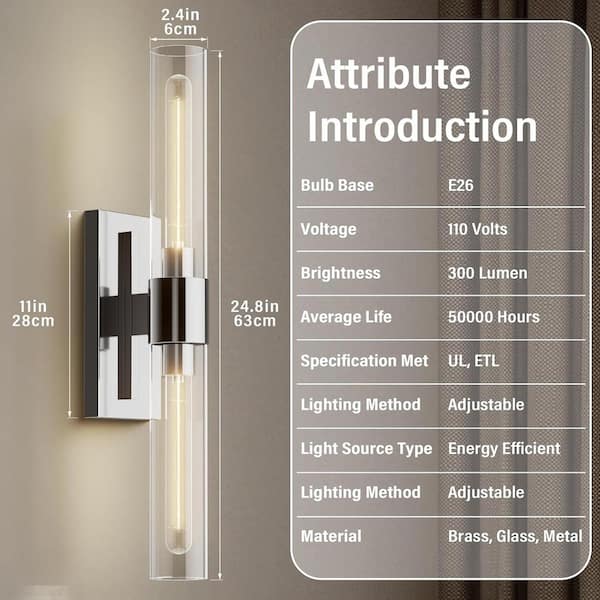 24.8 in. 2-Light Nickel Wall Sconce, Vanity light, Modern Wall Light for Living Room, Bathroom, Bedroom (Set of 1)